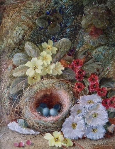 Birds Nest and Flowers on a Mossy Bank